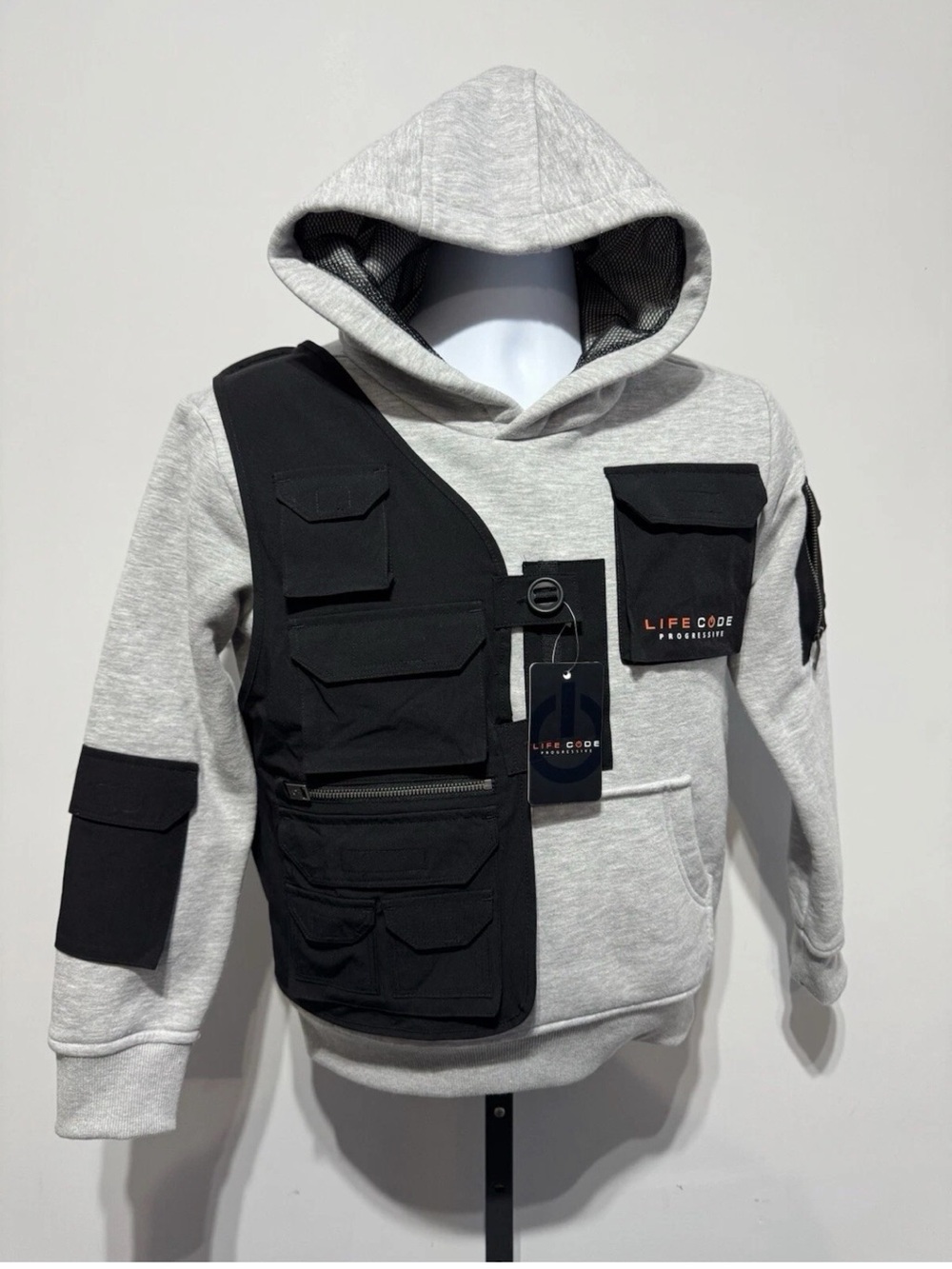 Life Code Men's Gray Hoodie with Black Utility Vest Overlay